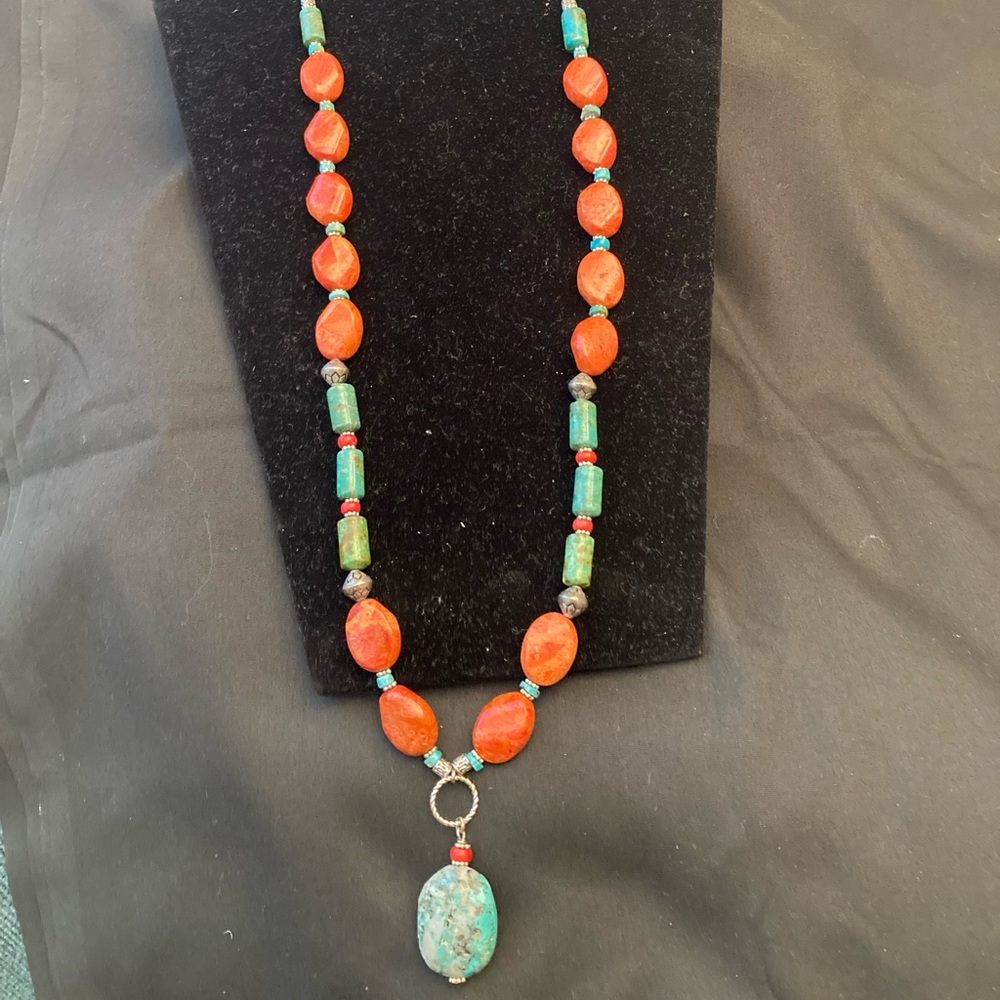 ONE OF A KIND! 
Handcrafted African Turquoise and Coral  Necklace with earrings